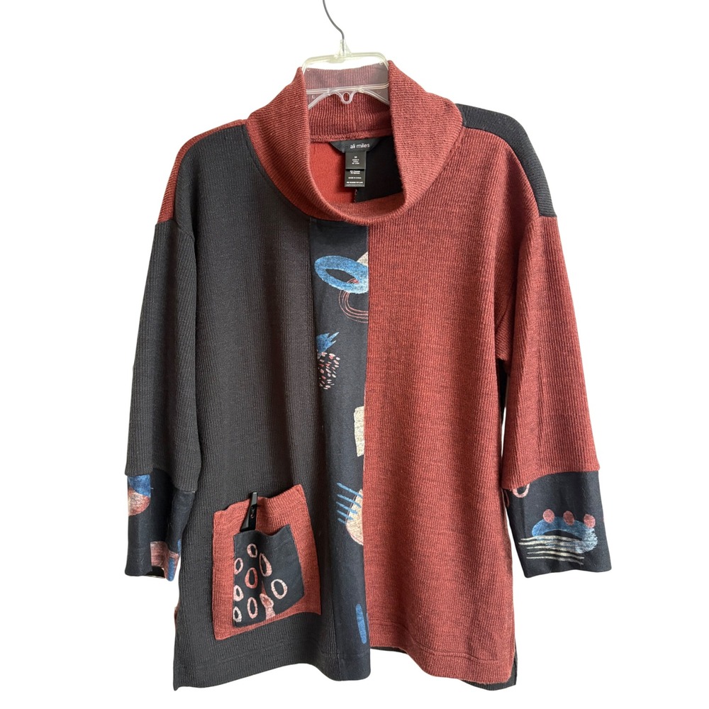 Ali Miles Womens Rust Black Colorblock Abstract Cowl Neck Tunic Top M Boho